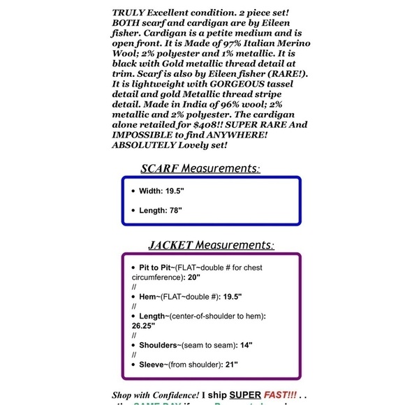 Eileen Fisher Womens Sz PM P M Black Gold ITALIAN Wool Cardigan Tassel Scarf Set - Picture 2 of 16